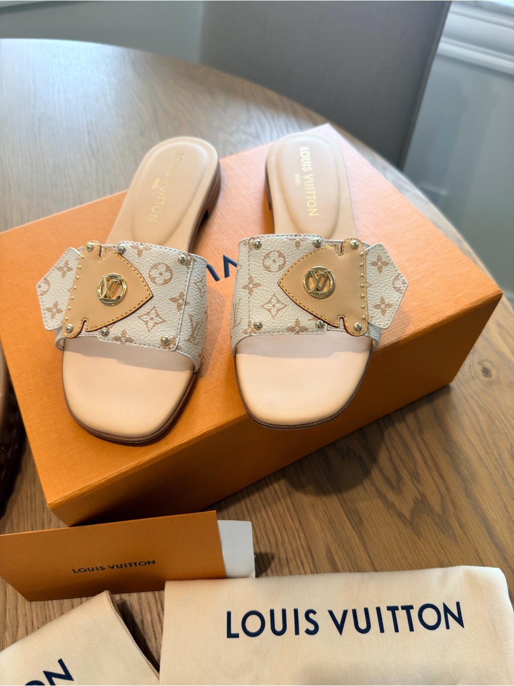 Louis Vuitton Cream Monogram Leather Slide Sandals (flat mule) with Gold Emblem